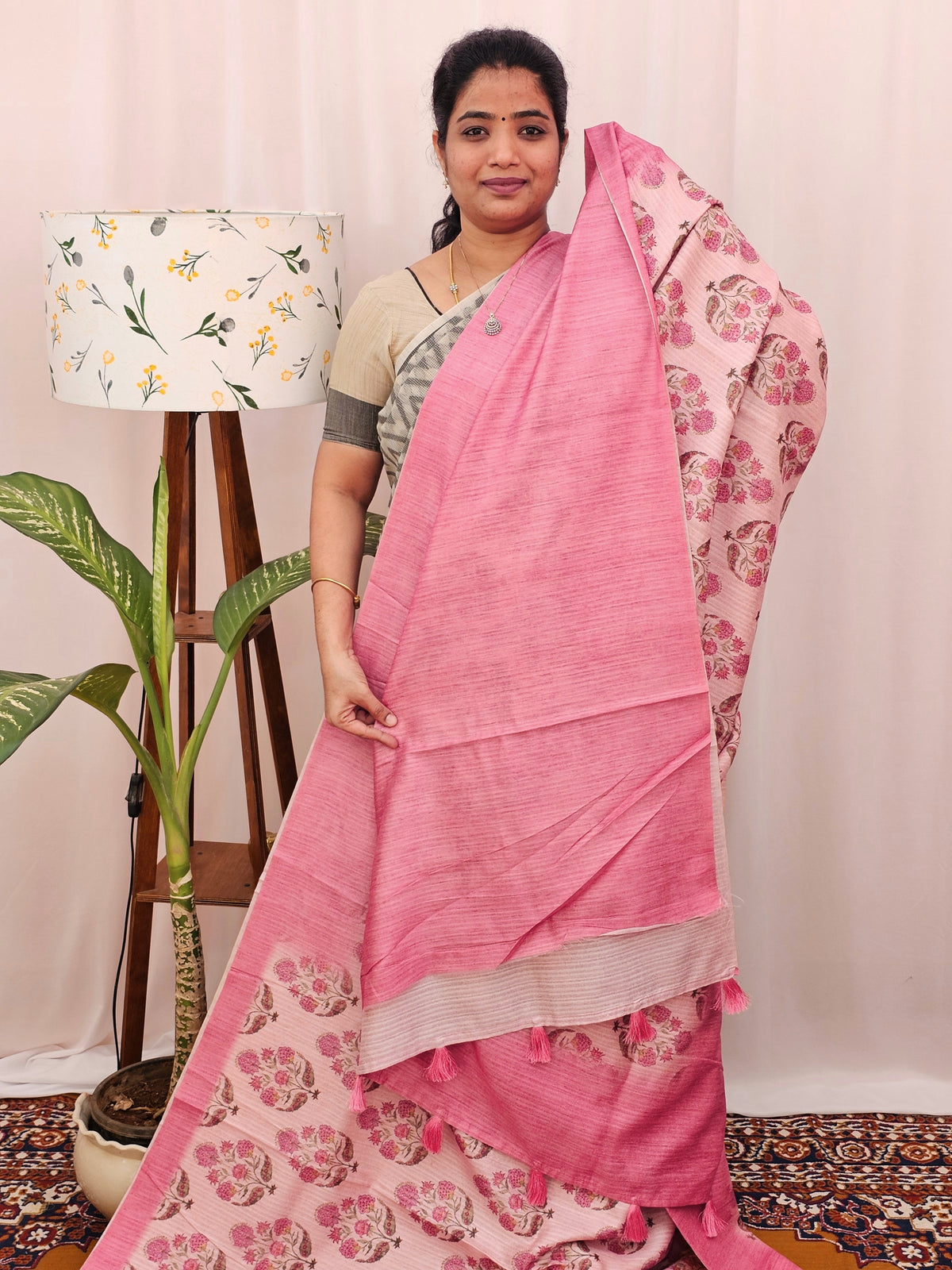 Green Silk with Digital Prints - Lite Pink to Dark Pink