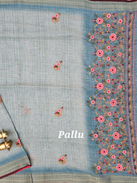 Linen Tissue with Embroidery  Work - Blue