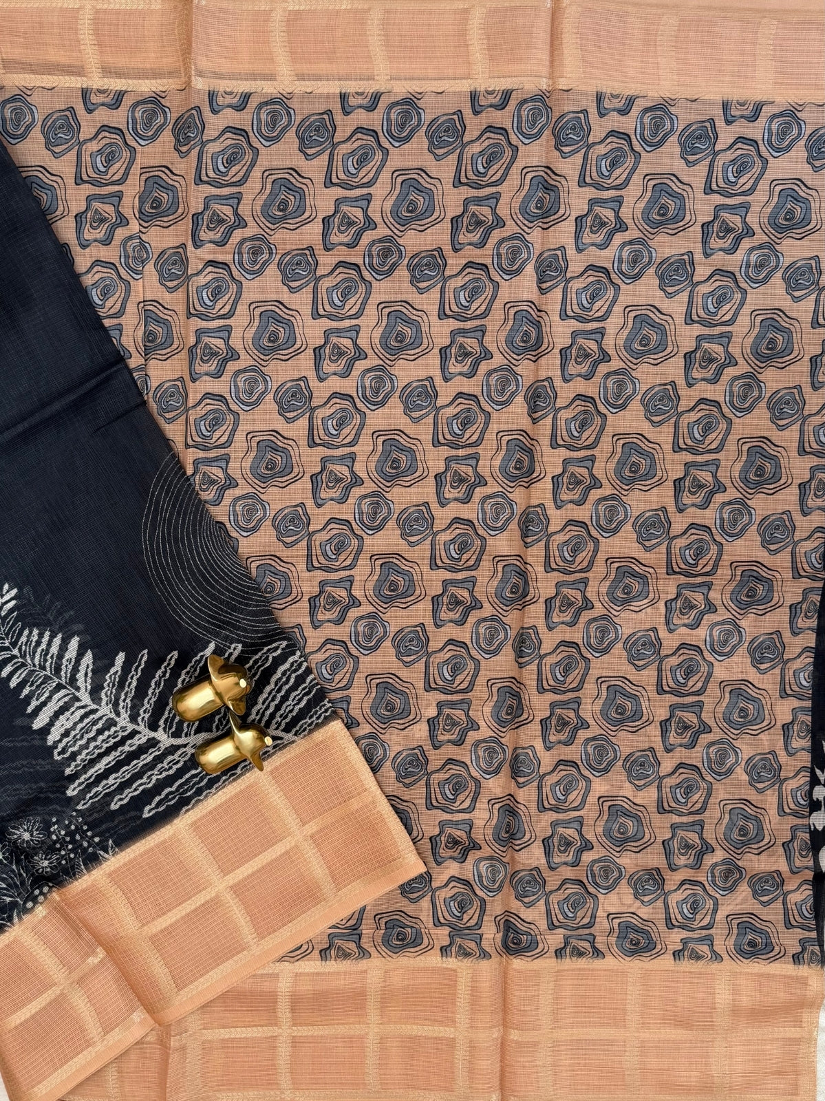 Premium Soft Semi Tussar Kota Weaving with Digital Prints - Black with Brown
