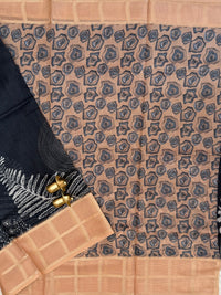 Premium Soft Semi Tussar Kota Weaving with Digital Prints - Black with Brown