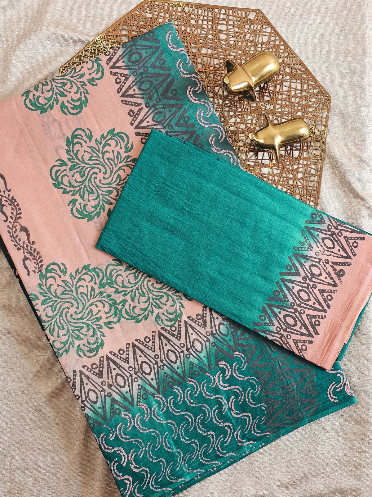 Pure Cotton with Hand Block Prints - Peach with Peacock Green