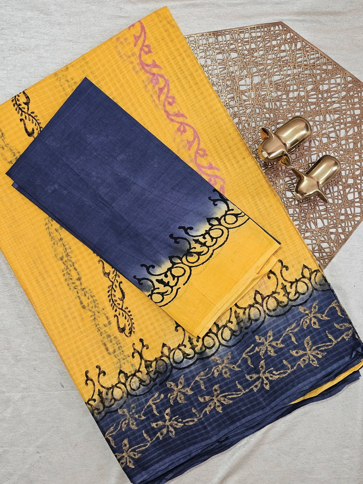 Pure Cotton with Checks Hand Block Prints - Chandan Yellow with Dark Grey