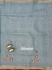 Linen Tissue with Embroidery  Work - Blue