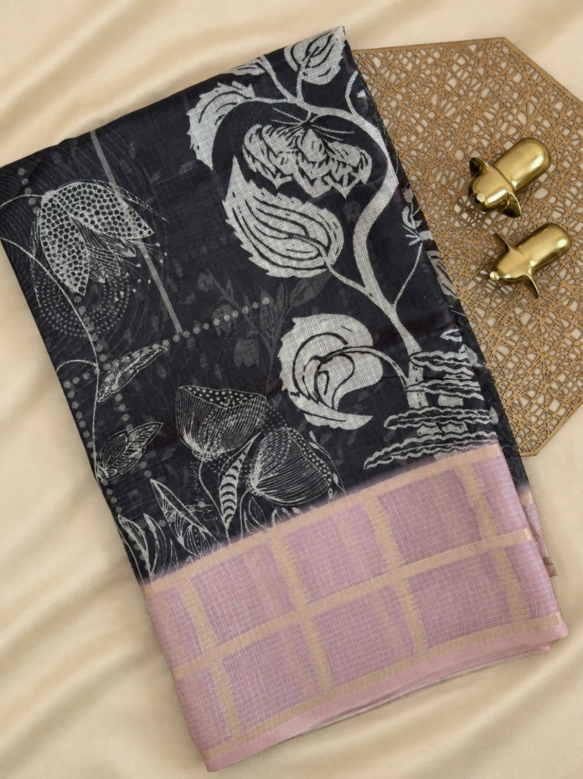 Premium Soft Semi Tussar Kota Weaving with Digital Prints - Black with Onion Pink
