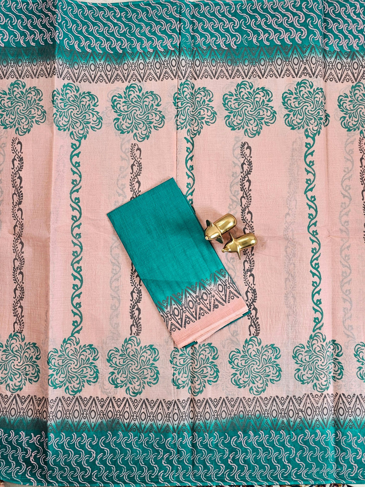 Pure Cotton with Hand Block Prints - Peach with Peacock Green