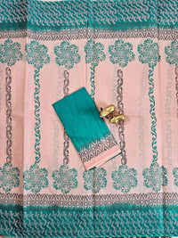Pure Cotton with Hand Block Prints - Peach with Peacock Green