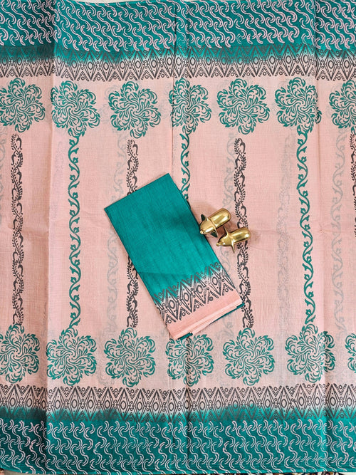 Pure Cotton with Hand Block Prints - Peach with Peacock Green
