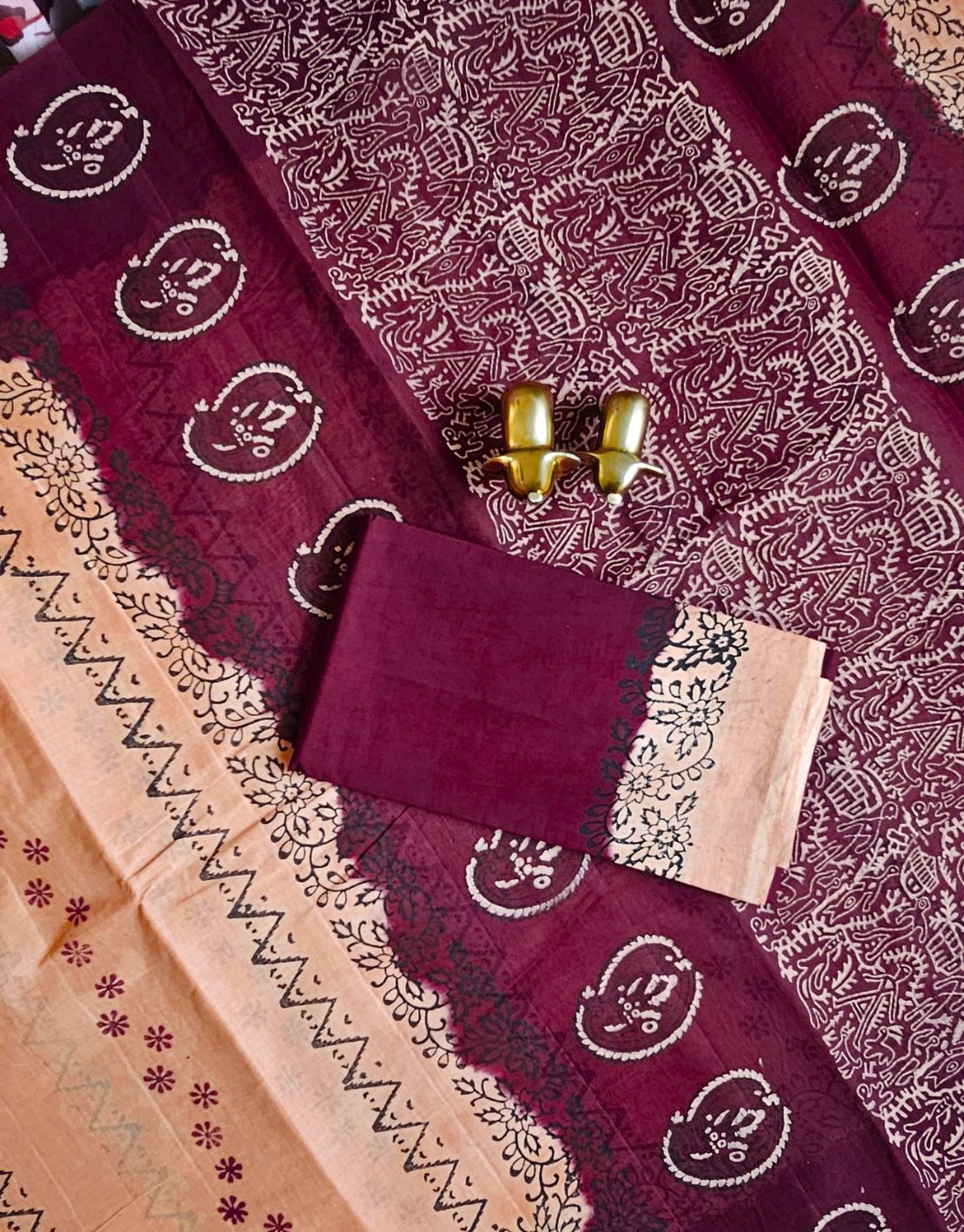 Pure Cotton with Hand Block Prints - Beige with Maroon