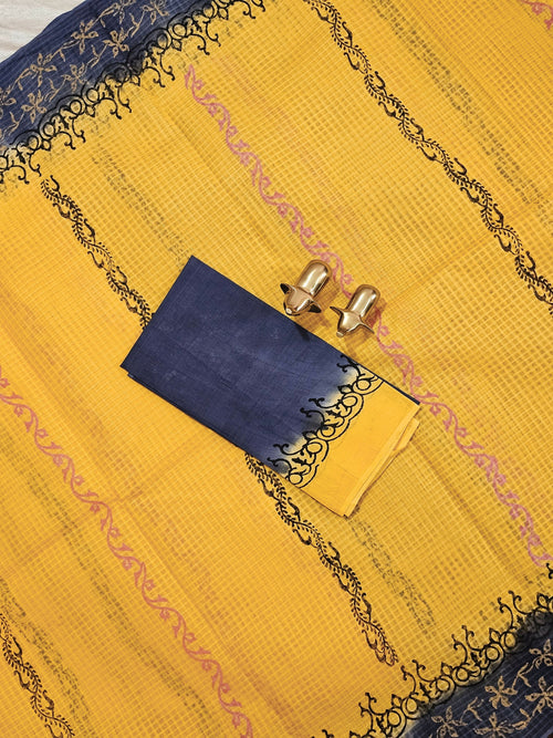 Pure Cotton with Checks Hand Block Prints - Chandan Yellow with Dark Grey