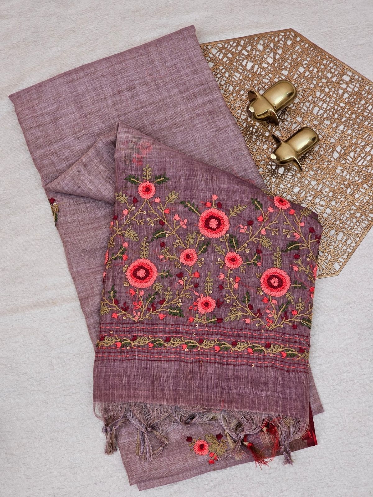Linen Tissue with Embroidery  Work - Lavender