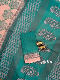 Pure Cotton with Hand Block Prints - Peach with Peacock Green