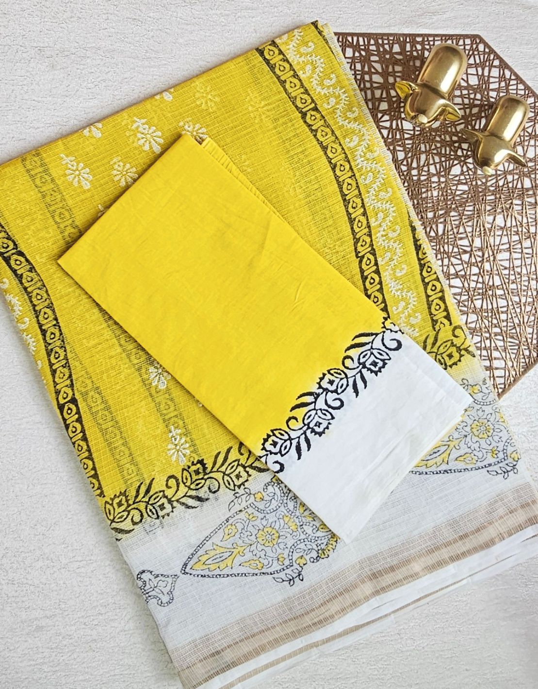 Premium Kota Cotton with Hand Block Prints - Yellow with White