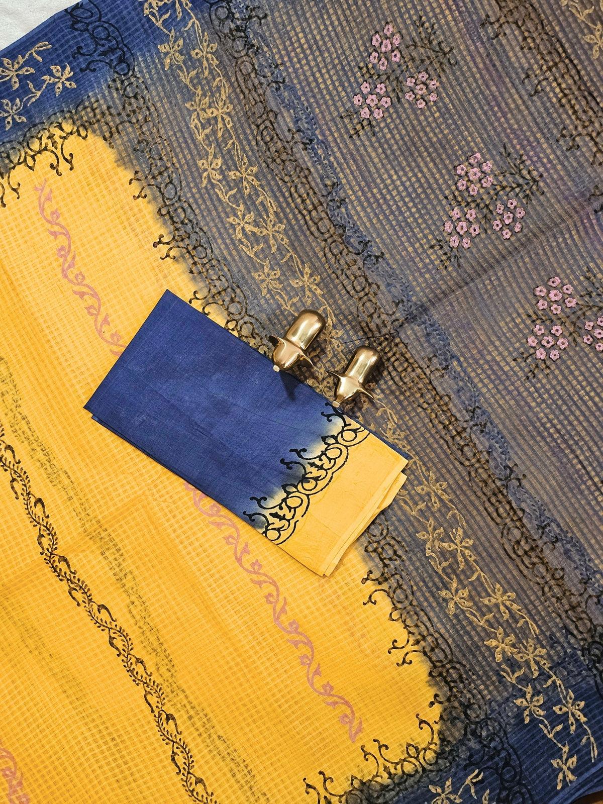 Pure Cotton with Checks Hand Block Prints - Chandan Yellow with Dark Grey