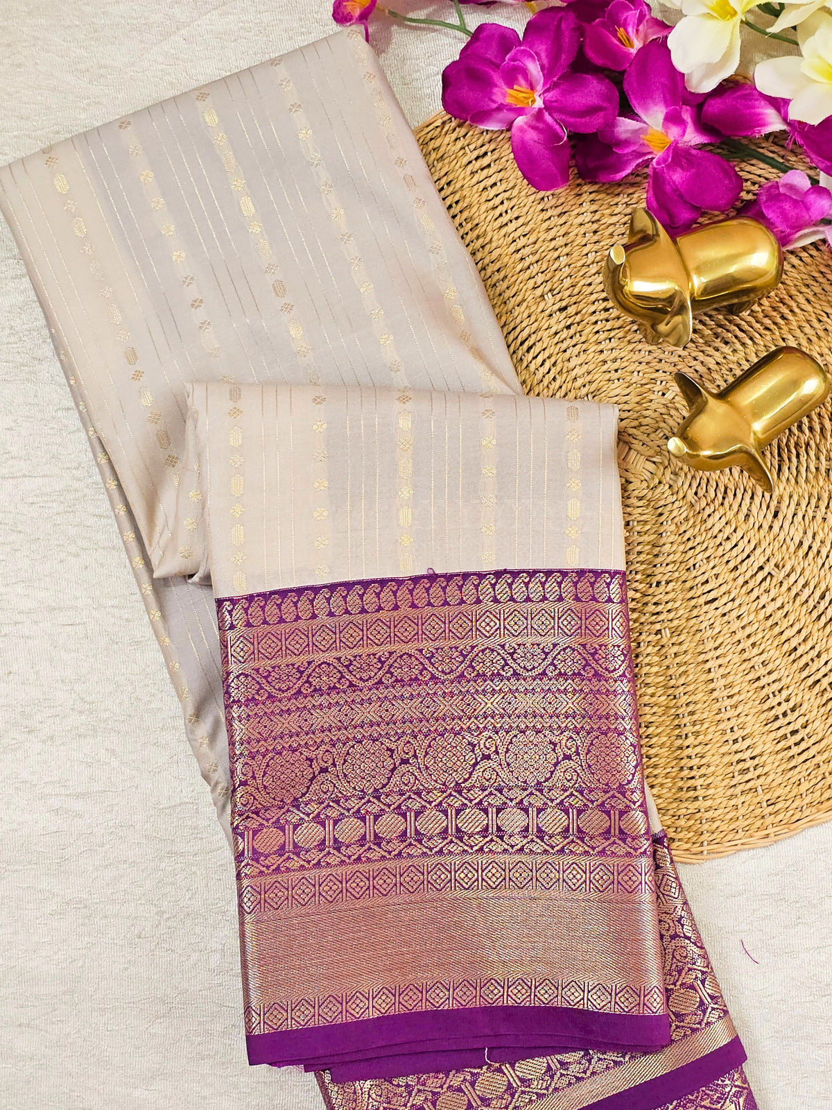 Semi Kanjivaram Soft Silk Borcade Saree - Cream with Purple