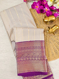 Semi Kanjivaram Soft Silk Borcade Saree - Cream with Purple