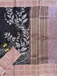 Premium Soft Semi Tussar Kota Weaving with Digital Prints - Black with Onion Pink