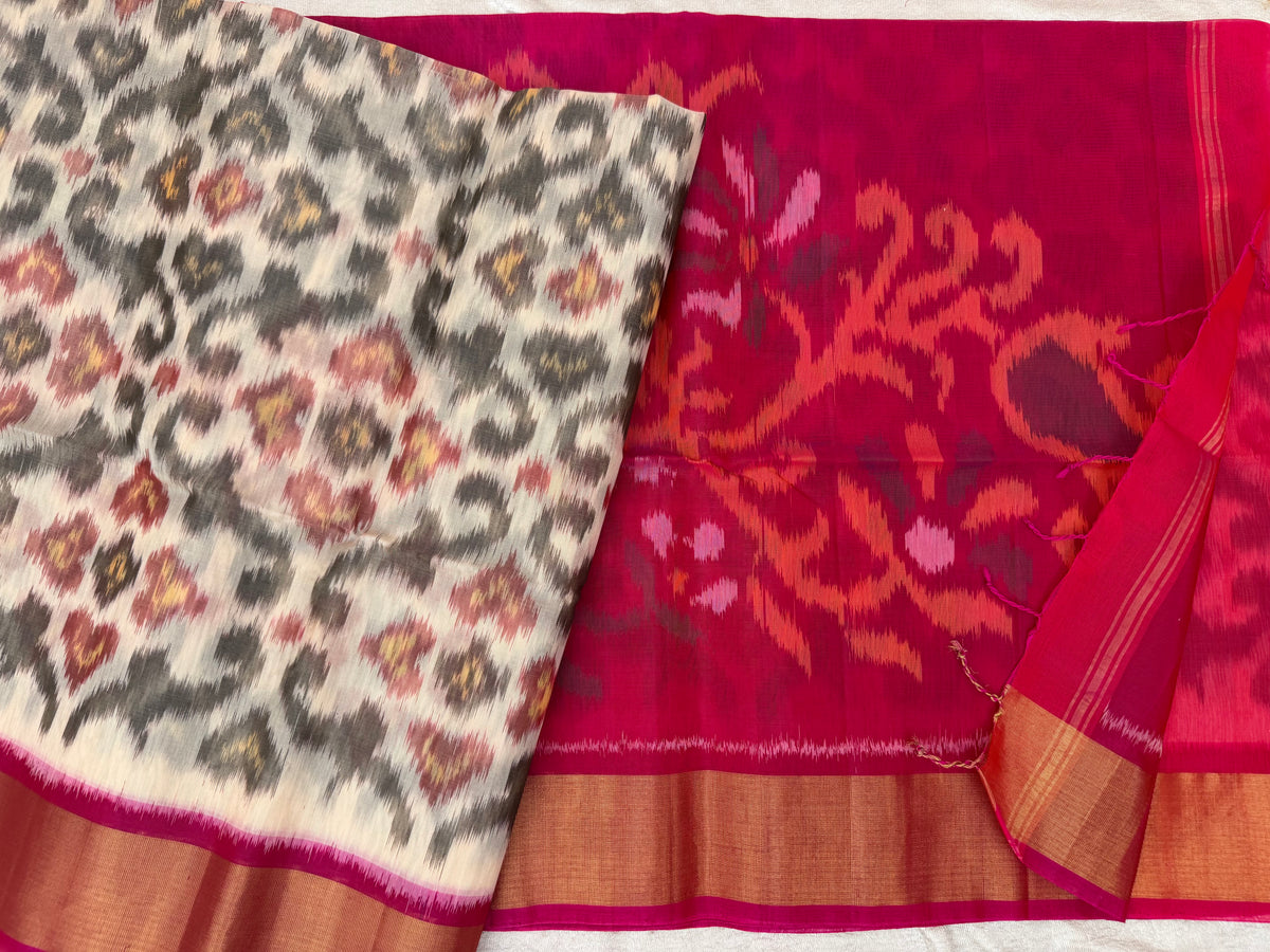 Cream with Pink Pochampally Ikkat Silk Cotton (SICO Pattu)
