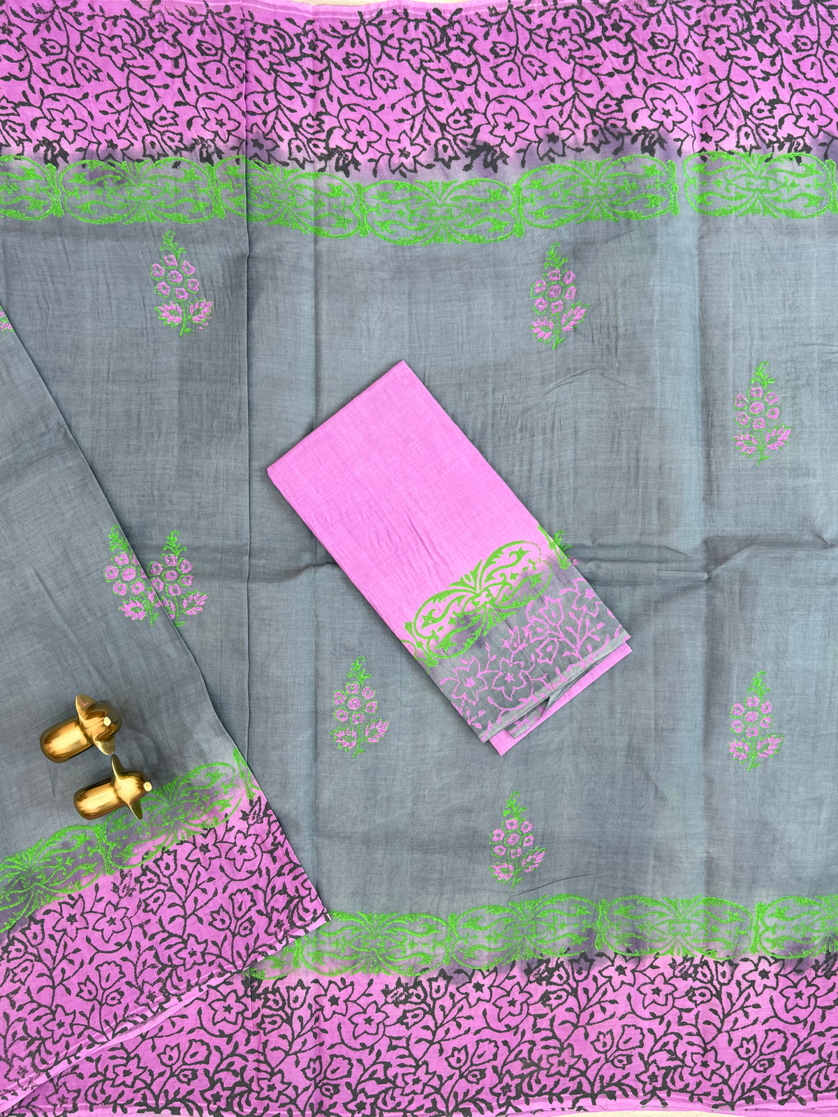 Pure Cotton with Hand Block Prints - Grey with Purple