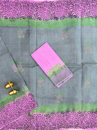 Pure Cotton with Hand Block Prints - Grey with Purple