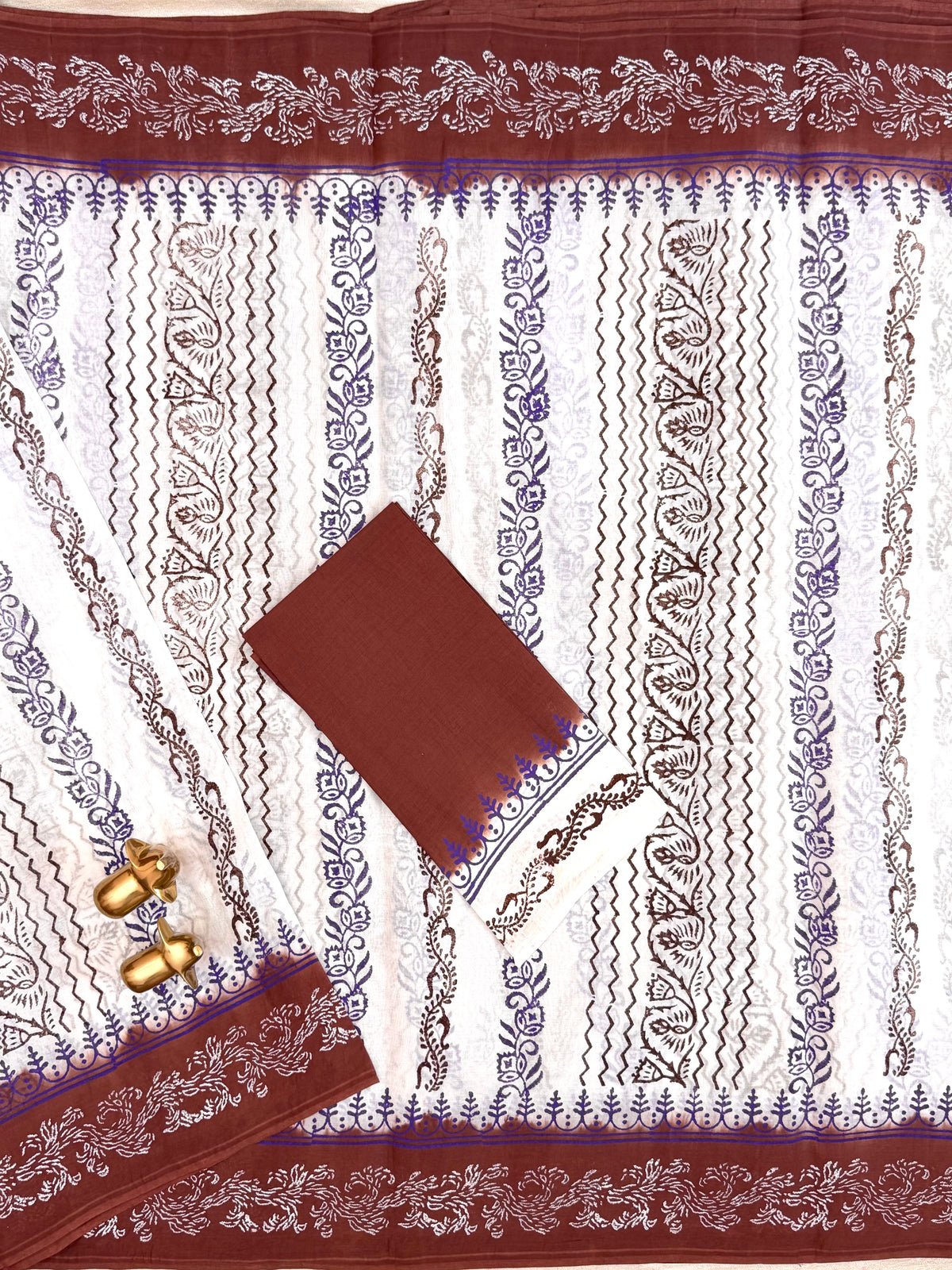 Pure Cotton with Hand Block Prints - White with Brown