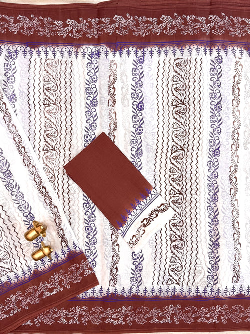 Pure Cotton with Hand Block Prints - White with Brown