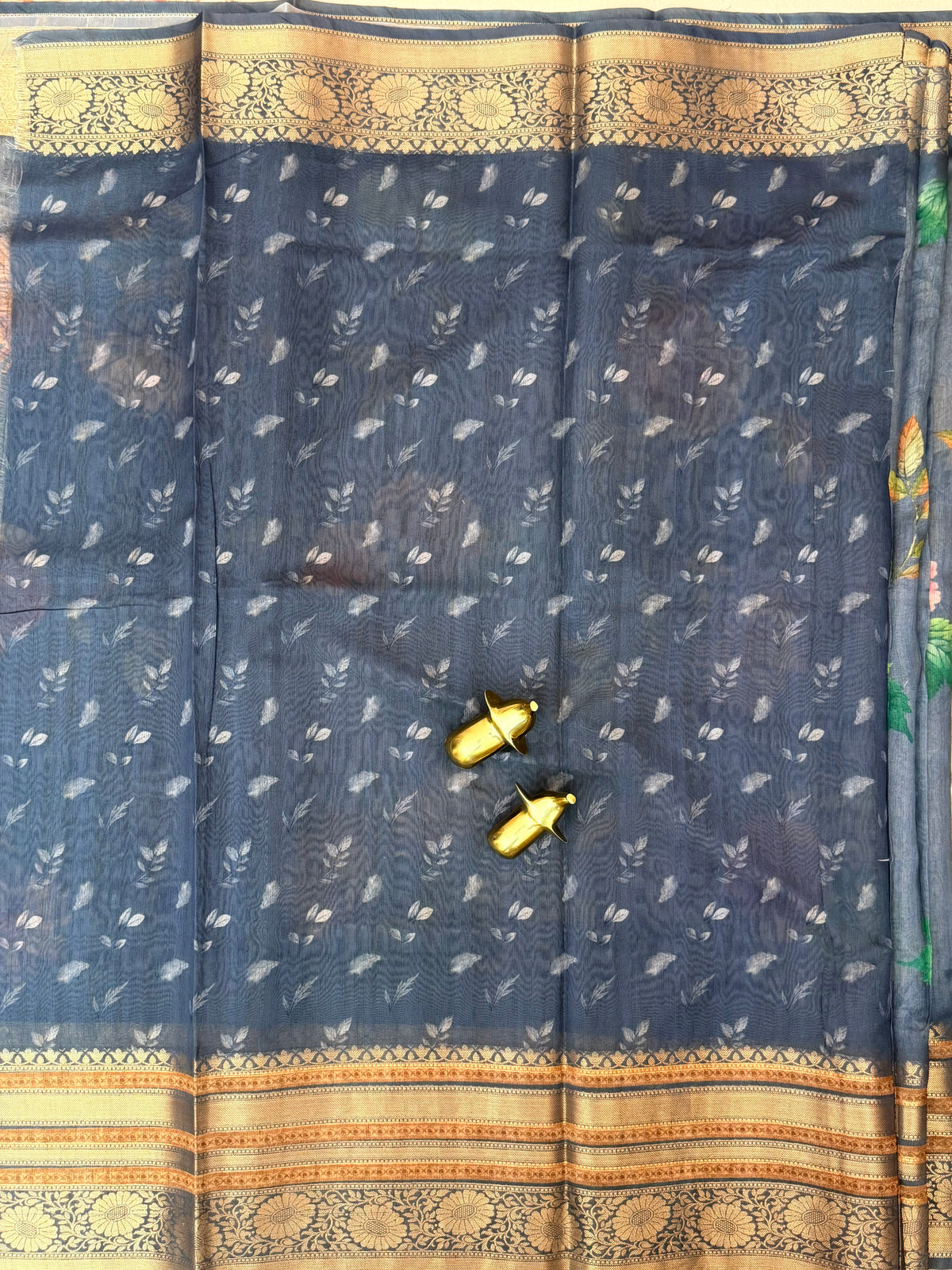 Unique Semi Tussar with Zari Border and Digital Prints - Blue