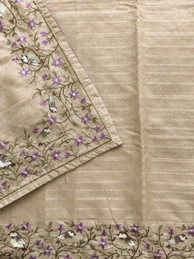 Premium Semi Tussar Zari Woven with Beautiful Emboridery Saree - Cream with Purple