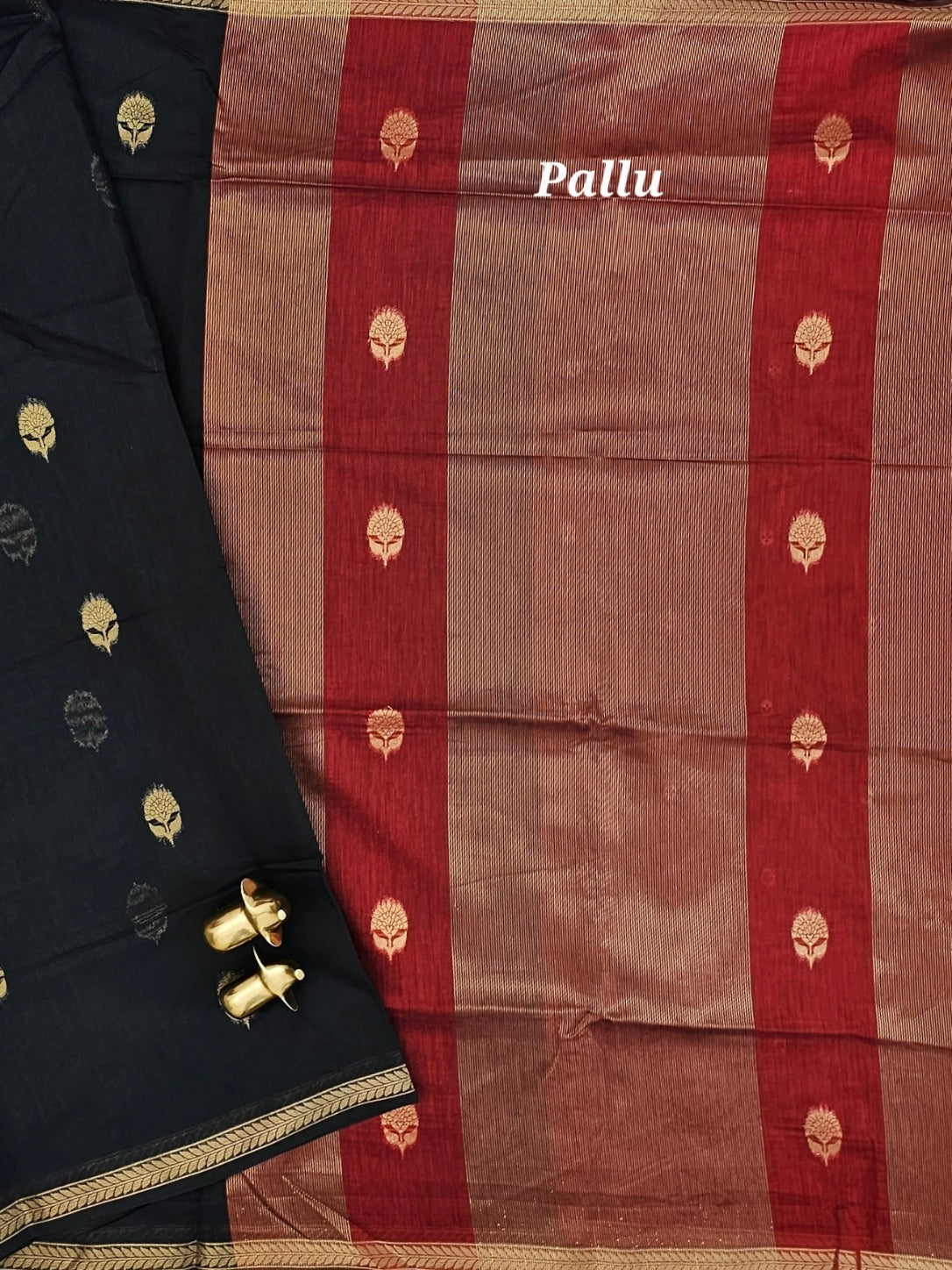 Semi Maheswari Silk Cotton Saree - Black with Maroon