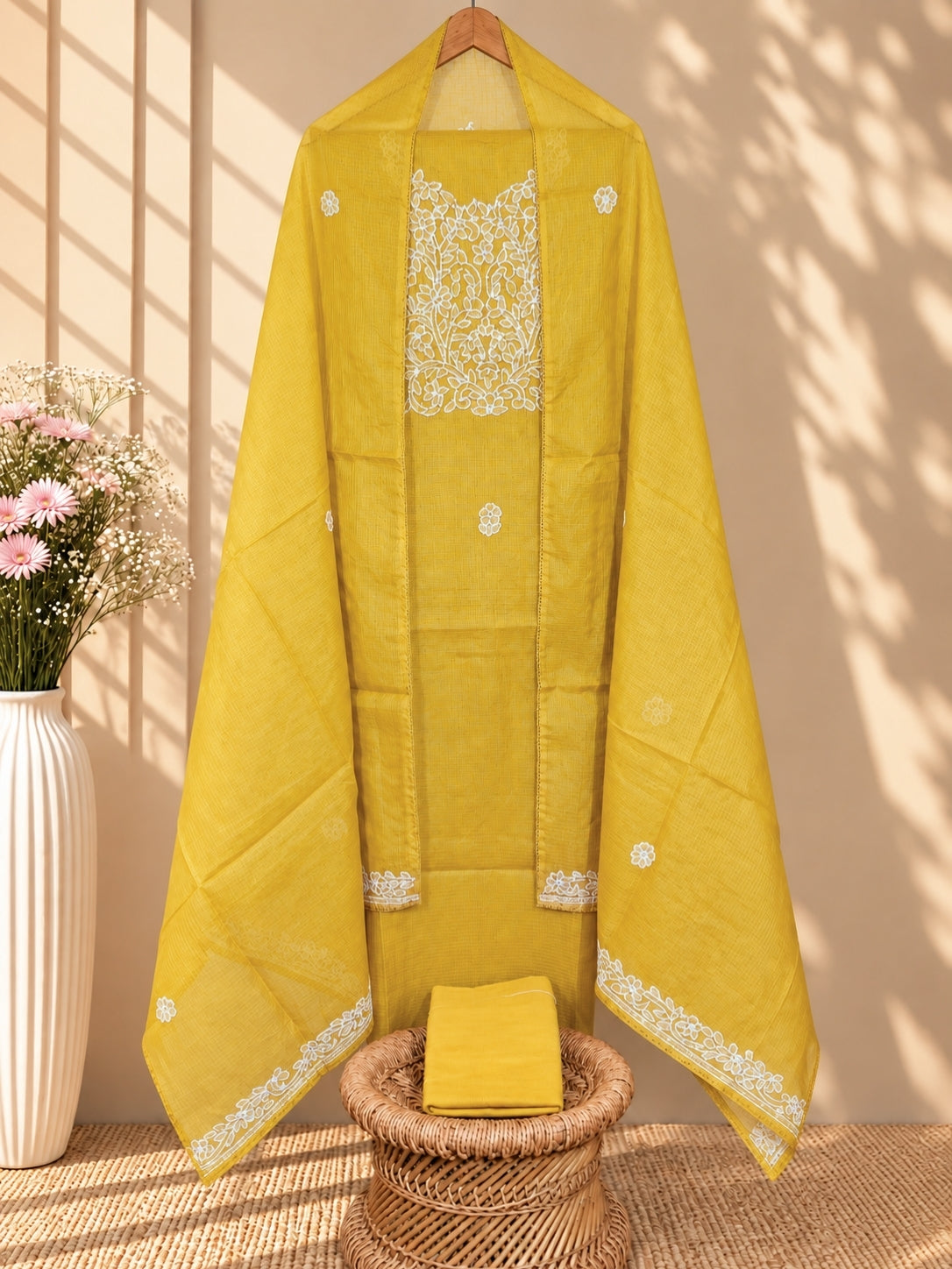 Soft Tussar Kota Weaving Unstitched Salwar - Yellow
