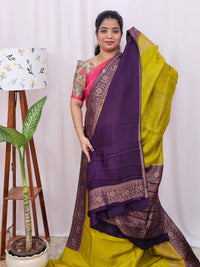 Jute Banarasi Silk Saree - Mustard Green with Purple