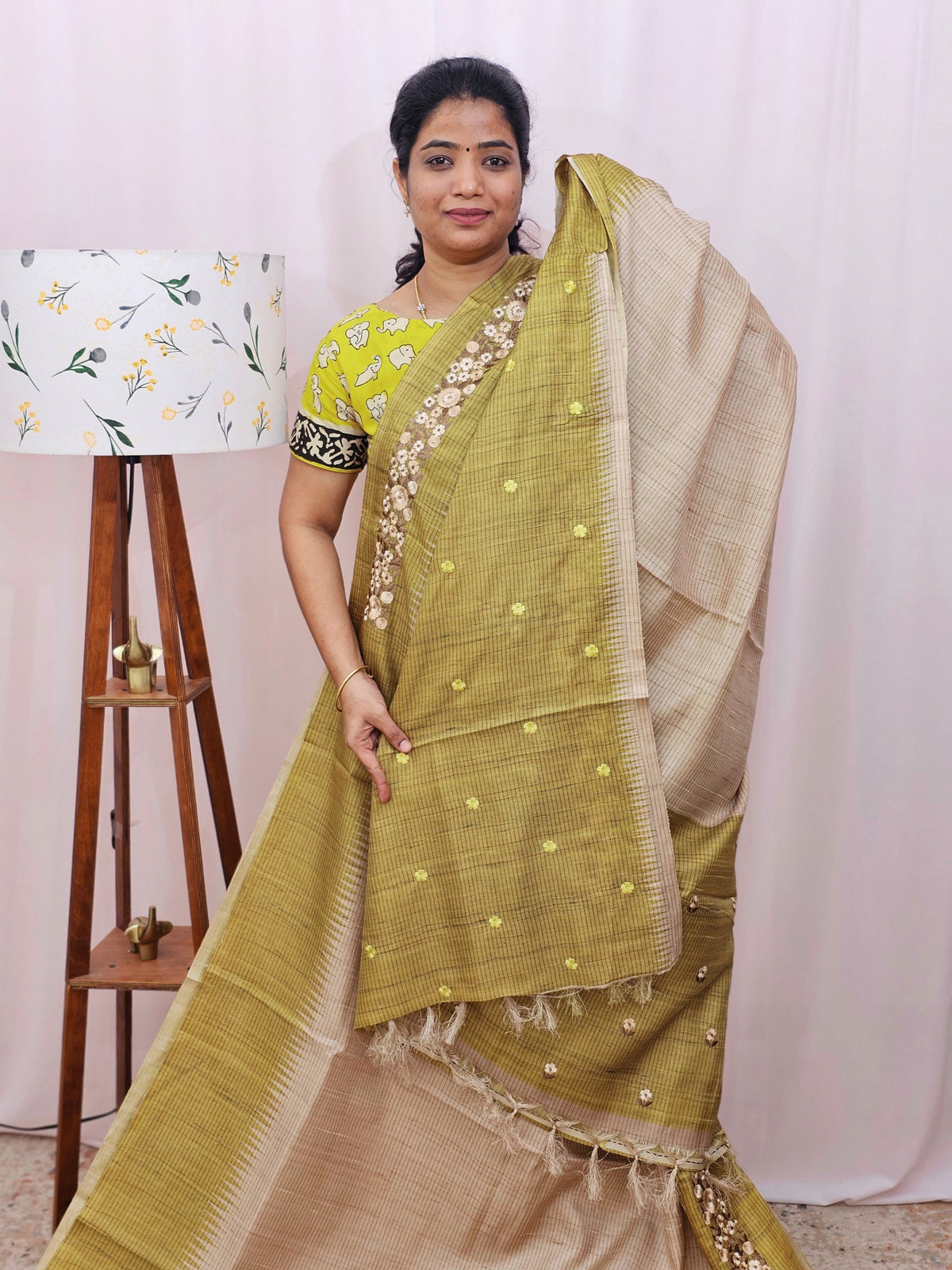 Premium Semi Tussar with  Heavy Floral Emboridery Saree - Mehndi Green