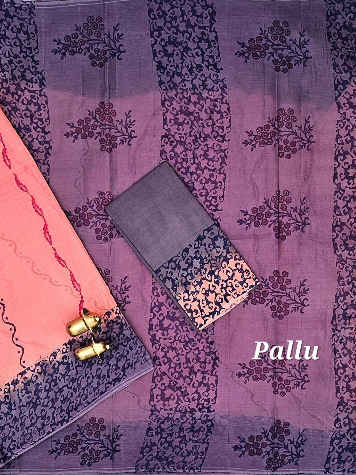 Pure Cotton with Hand Block Prints - Peach with Grey