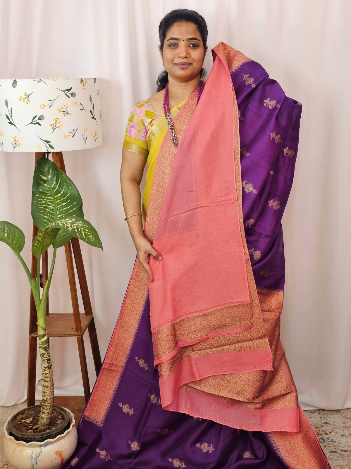 Jute Banarasi Silk Saree - Magenta Pink with Peach