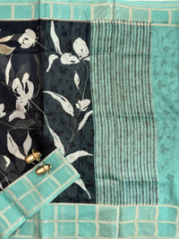 Premium Soft Semi Tussar Kota Weaving with Digital Prints - Black with Sea Green