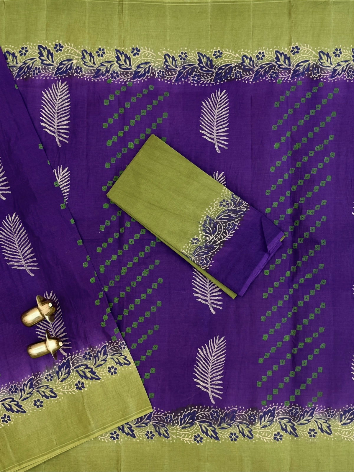 Pure Cotton with Hand Block Prints - Purple with Green