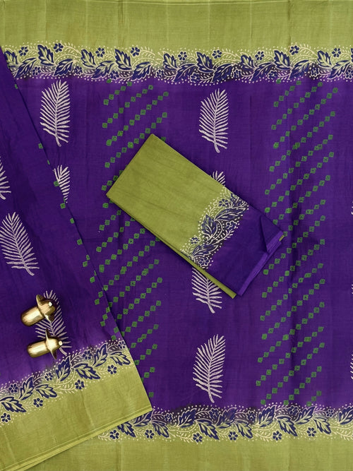 Pure Cotton with Hand Block Prints - Purple with Green