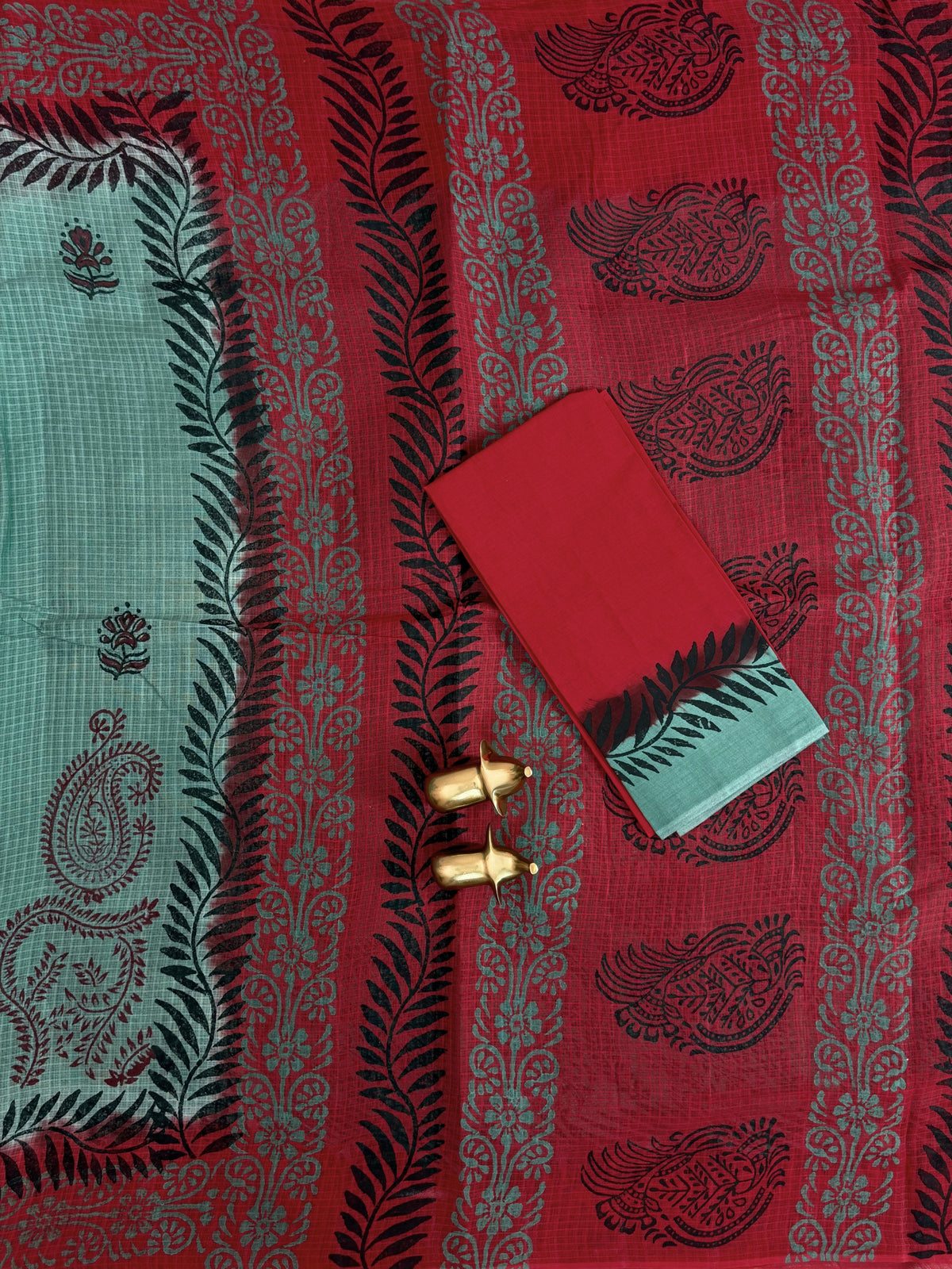 Pure Cotton with Checks Hand Block Prints - Green with Red