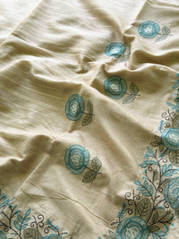 Premium Semi Tussar Zari Woven with Beautiful Emboridery Saree - Cream with Blue