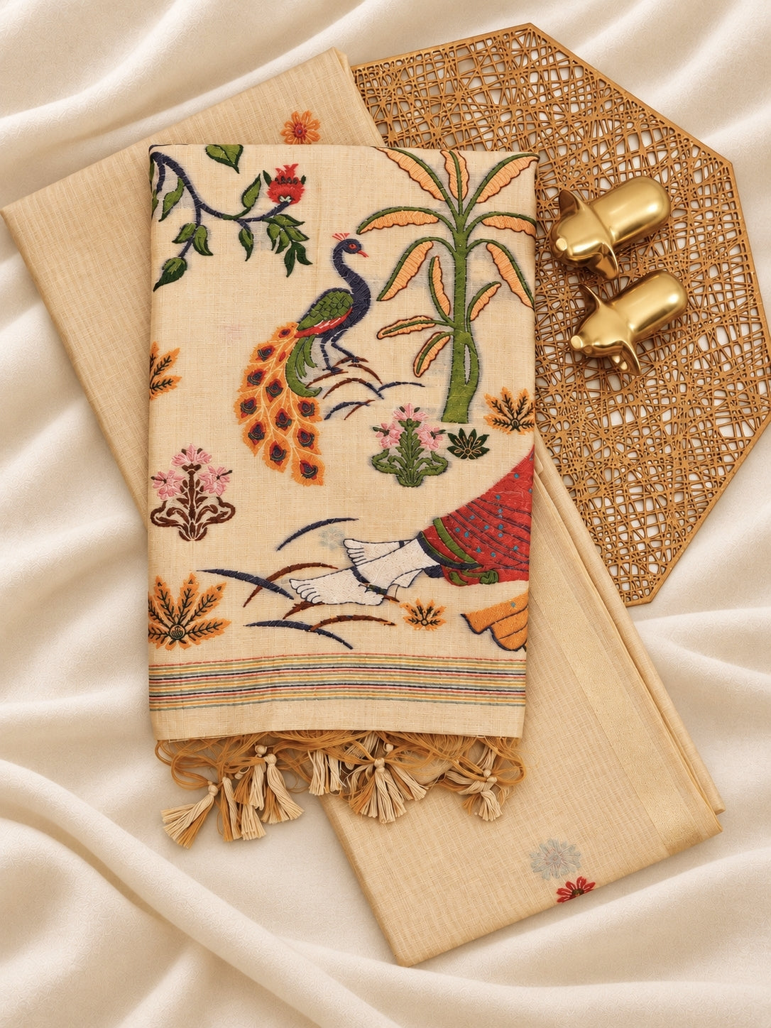 Soft Cotton with Weaving Floral Pattern  - Cream