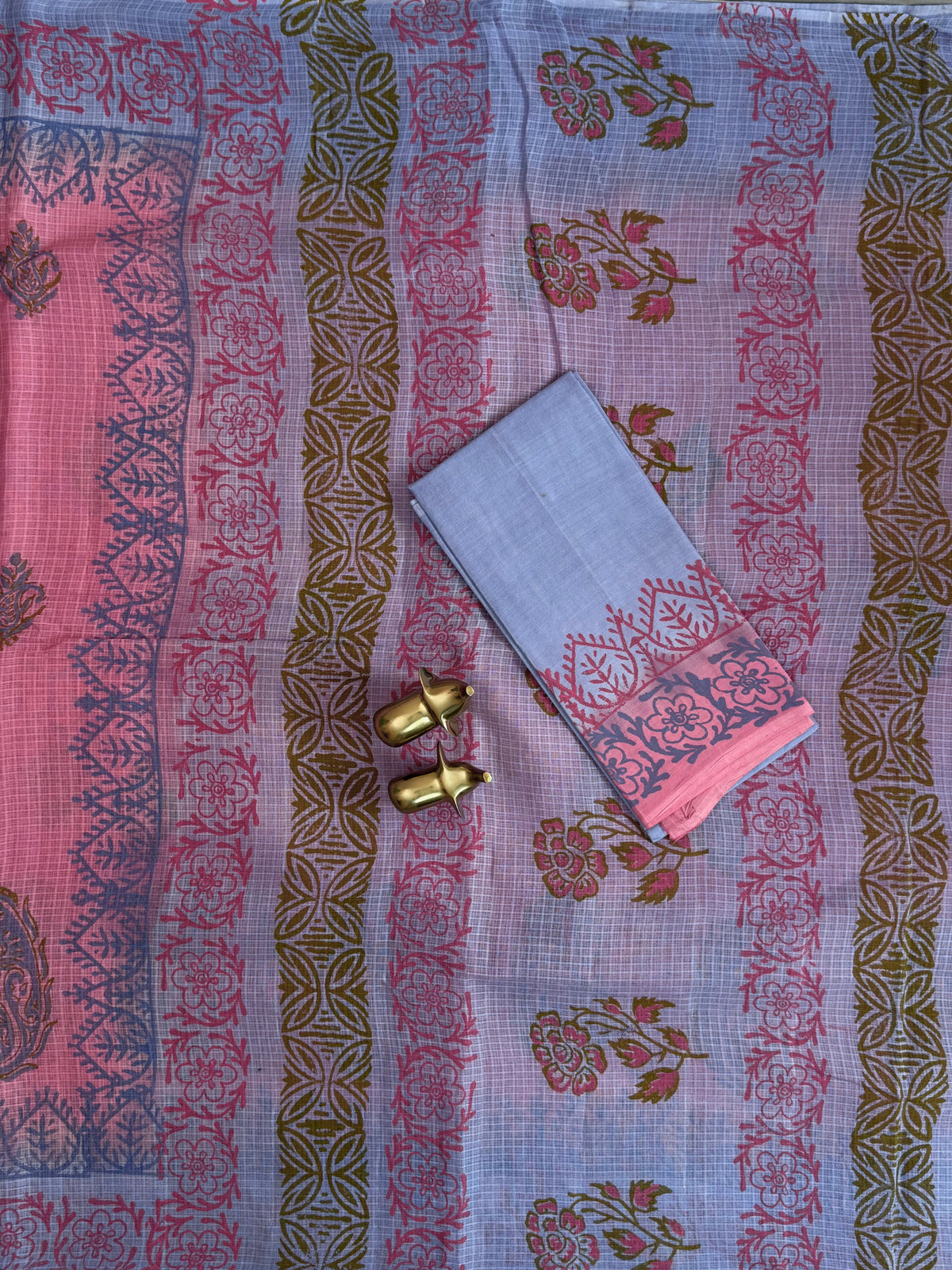Pure Cotton with Checks Hand Block Prints - Pink with Blue