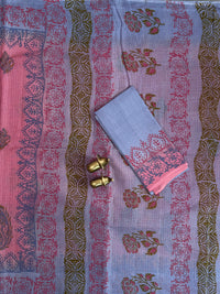 Pure Cotton with Checks Hand Block Prints - Pink with Blue