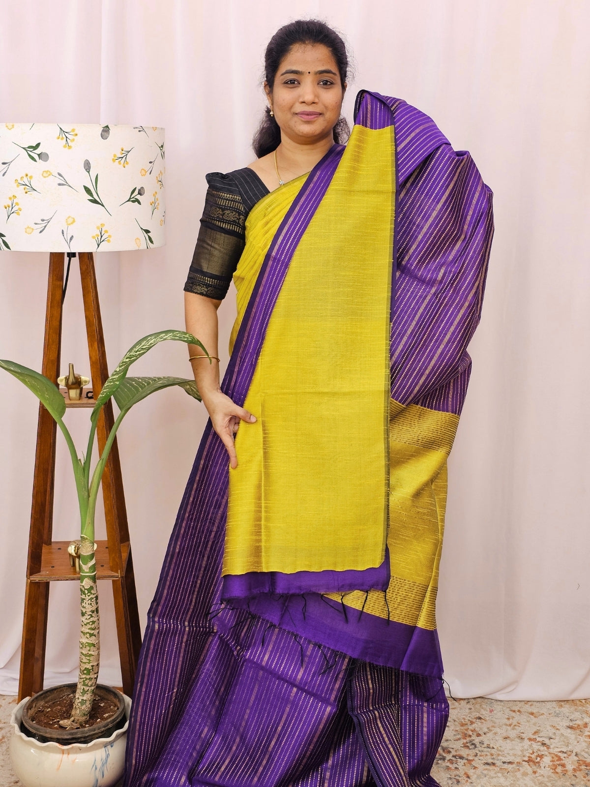 Semi Raw Silk - Purple with Yellow