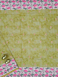 Linen Cotton with Emboridery Digital Printed Sarees - Mehndi Green
