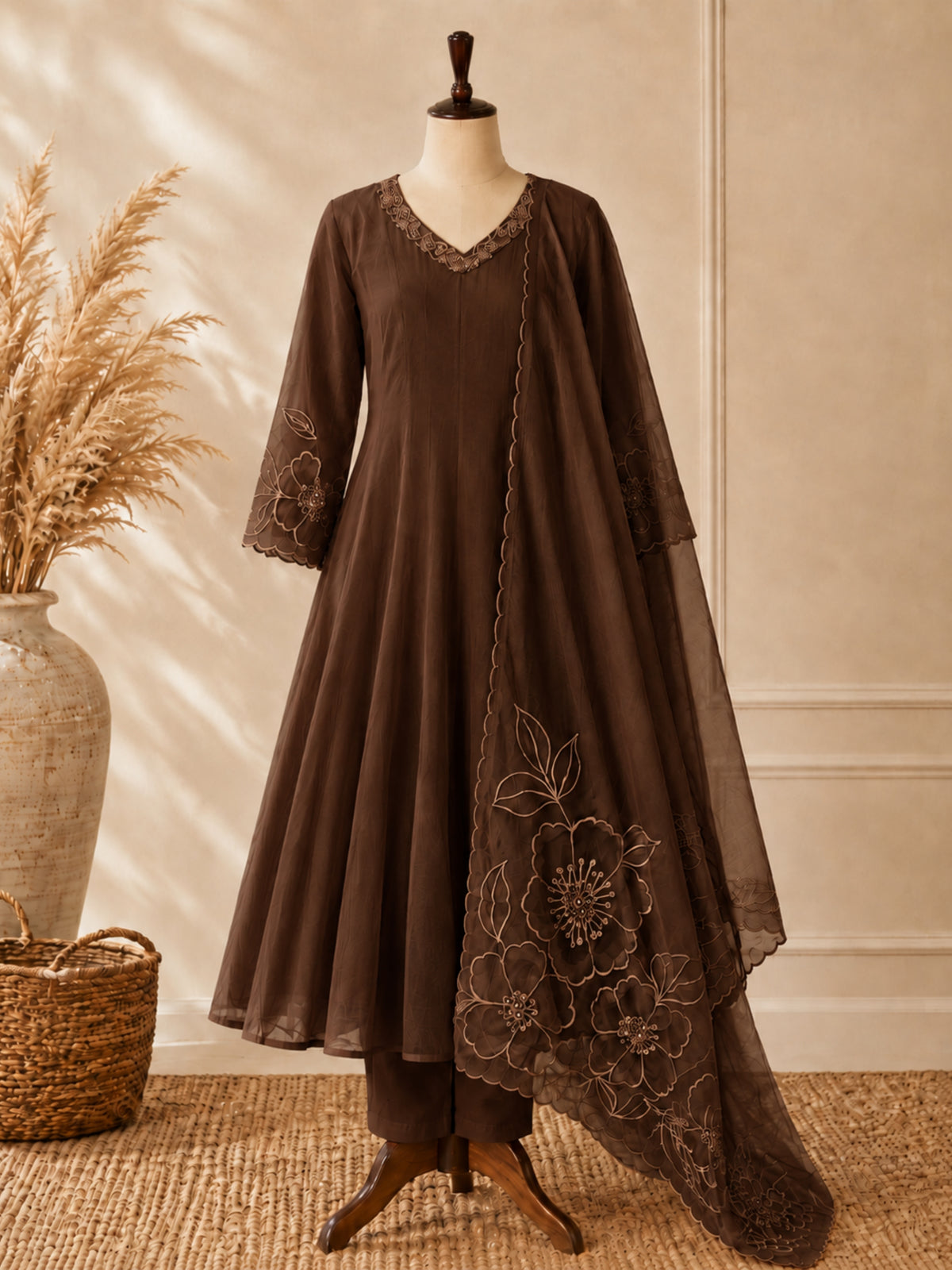Mul Chanderi 3 pcs Salwar Suit - Coffee Brown