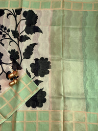 Premium Soft Semi Tussar Kota Weaving with Digital Prints - Cream with Green