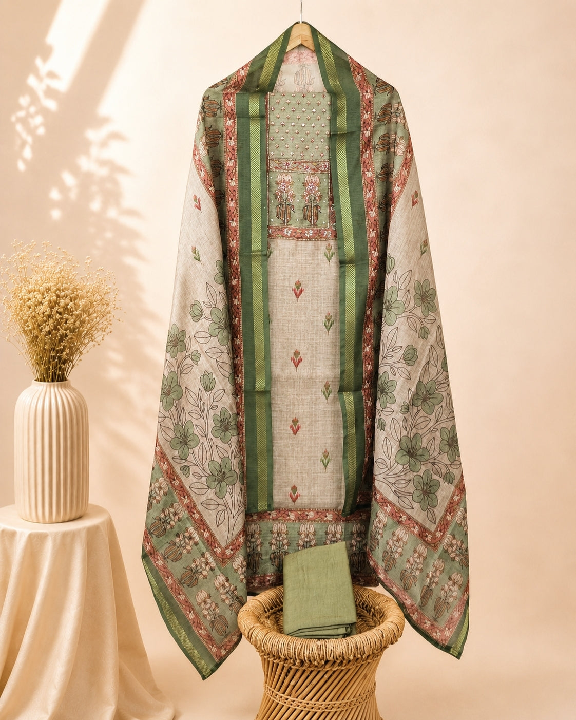 Matka Tussar Unstitched Salwar Suit  - Cream with Green