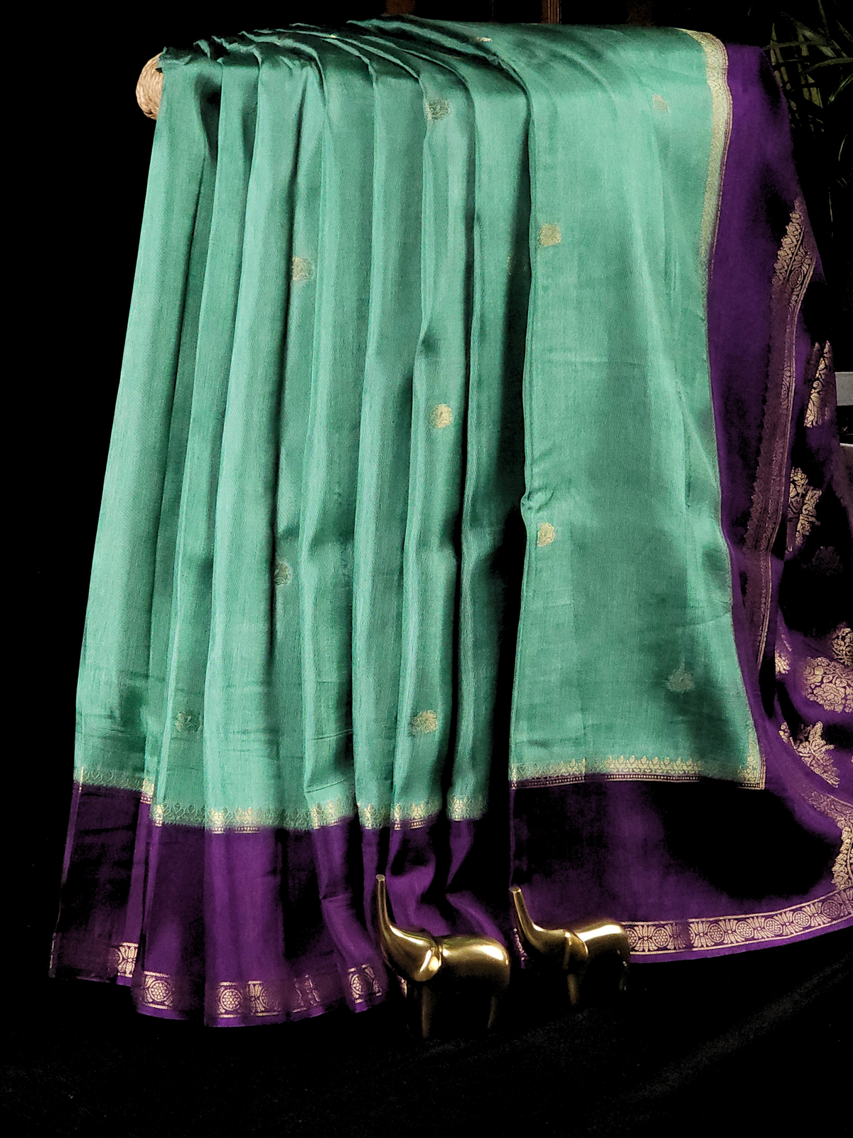 Semi Mysore Crepe Silk Saree - Sea Green with Purple