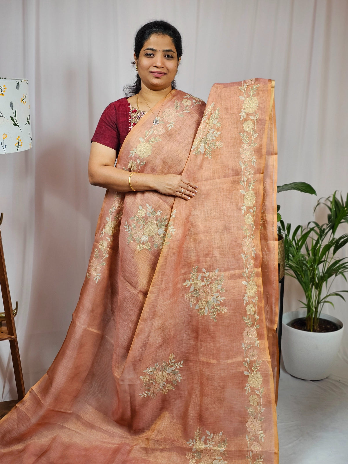 Linen Tissue with Aari Work - Rust Orange