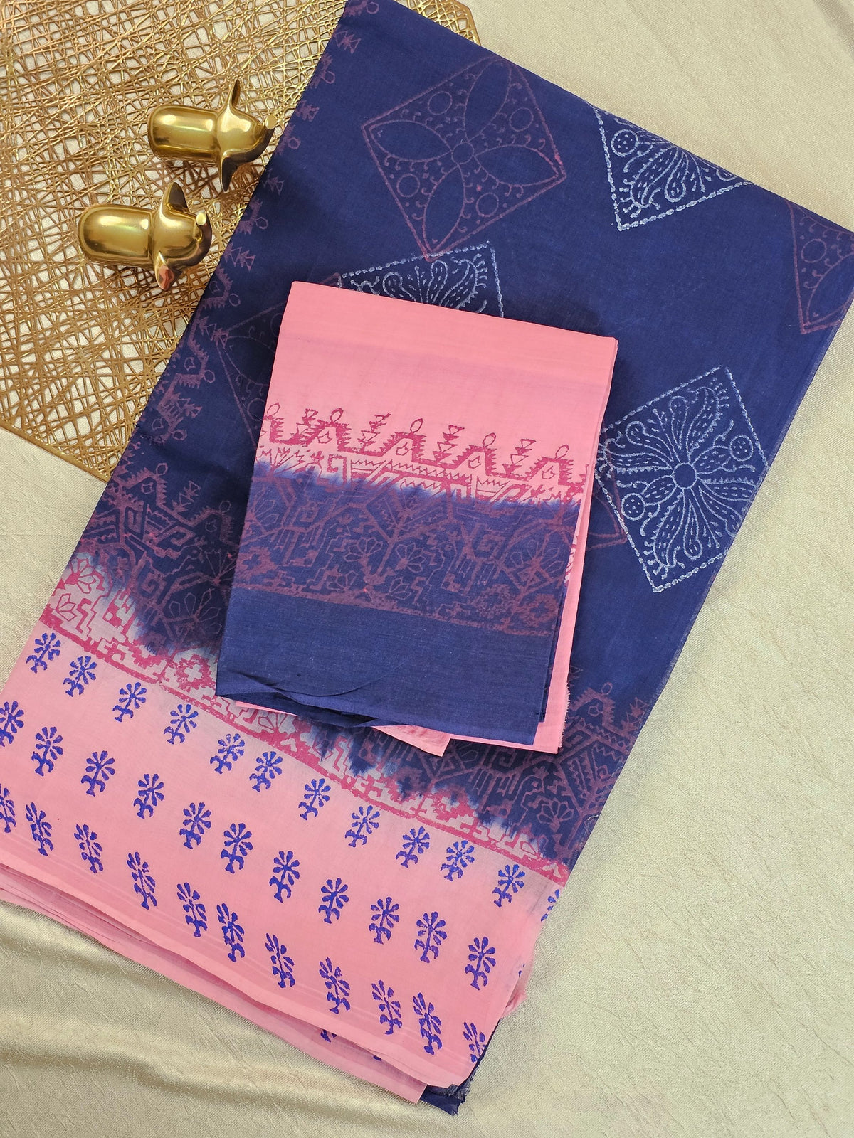 Pure Cotton with Hand Block Prints - Blue with Light Pink