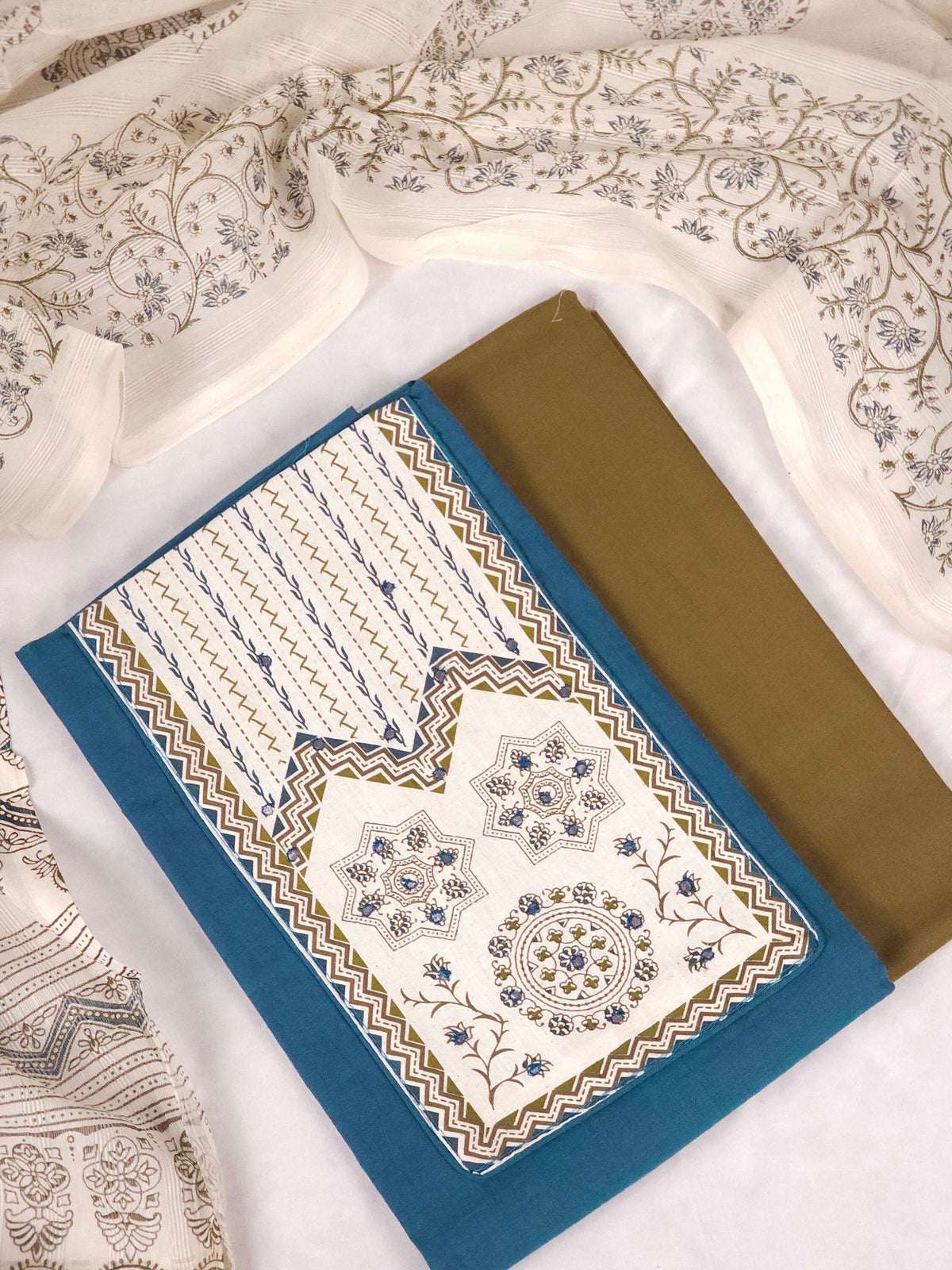 Cotton Unstitched Salwar - Peacock Blue with Mehndi Green